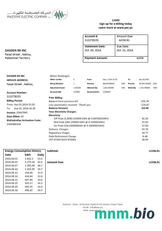 Palestyna Electric Company (PEC) rachunek za usługi komunalne szablon w formacie Word i PDF